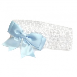 Baby Girls White Crochet Headband with Baby Blue Satin Bow